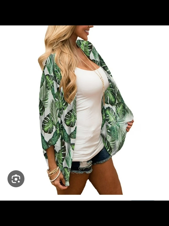 None Tops - Tropical Leaf Kimono Cardigan - Green & White